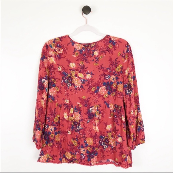American Eagle Keyhole Peplum Floral Blouse Red M - Picture 5 of 6
